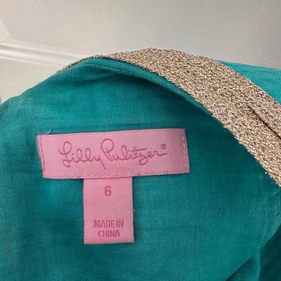 Lilly Pulitzer Janice Shift Dress, Teal and Gold, Size 6 - Picture 5 of 6